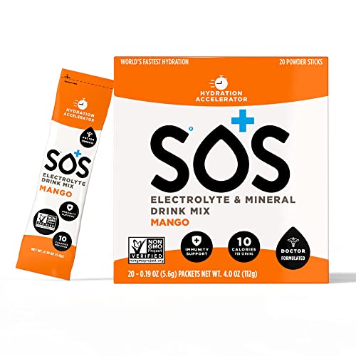 SOS Hydration Electrolyte Replacement Powder Drink Mix, (Mango 20 Stick Box)